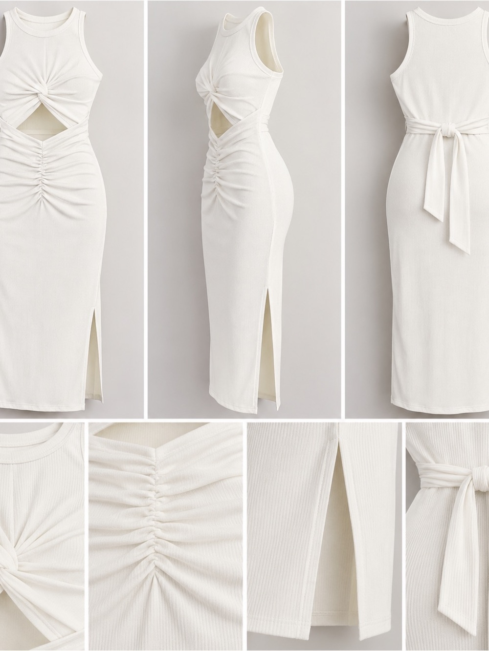 Knot Front Cutout Midi Dress in White